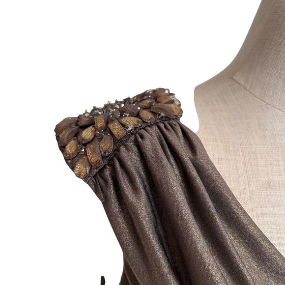 Cache Gold Metallic Bodycon Dress Womens Sz Medium Sleeveless Runched Beaded - Picture 9 of 16